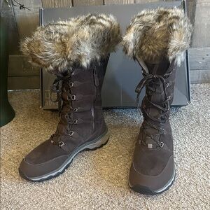 Eddie Bauer Solstice II Leather Suede Boots Chocolate Brown Fur Lace Up 10 NIB